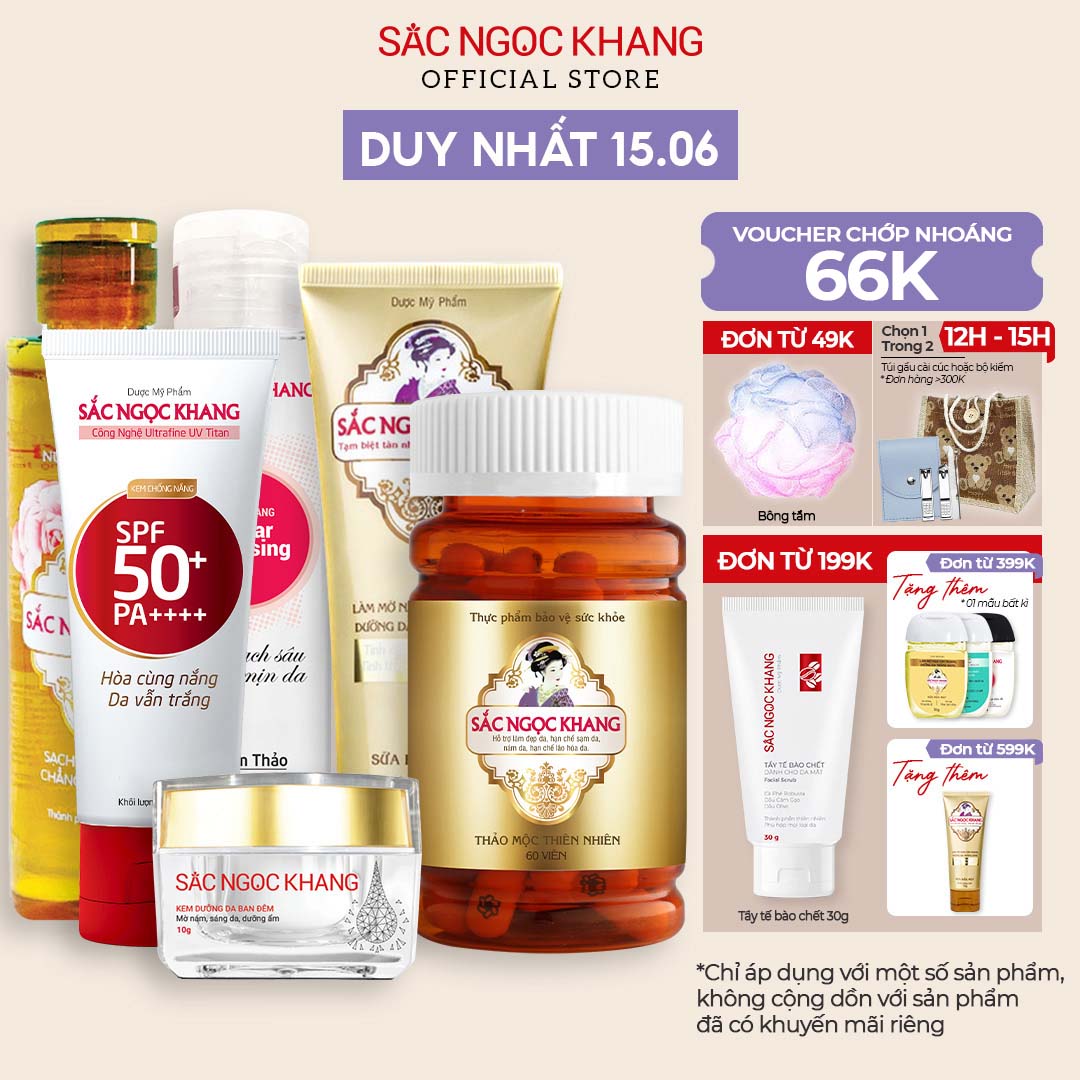 [Combo 6 món] bộ dưỡng da cơ bản: Nước tẩy trang 145ml + Sữa rửa mặt 100g + Nước hoa hồng 145ml + Kem chống nắng 50g và kem dưỡng da ban đêm 10g + Vi tảo lục 60 viên [Sắc Ngọc Khang Official]