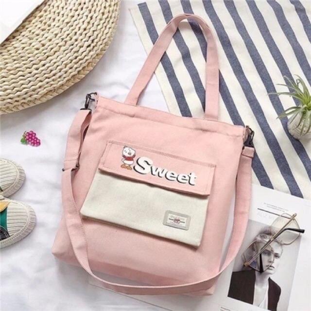 Túi ToTe Thời trang chữ SWEET kiểu mới hình con vịt có khoá kéo mang hai kiểu  vừa A4 style KITI SHOP