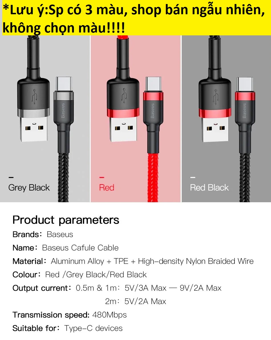 Cáp sạc type-C dòng 3A hỗ trợ QC3.0  Baseus Cafule - Màu ngẫu nhiên _Hàng chính hãng