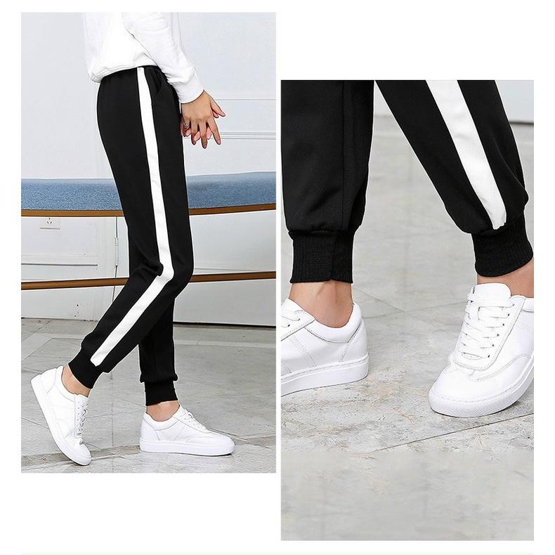 Quần jogger thể thao nỉ nam nữ thun dài nam phối trắng thu đông, Quần jogger nam nữ phom rộng Hàn Quôc co dãn 4 chiều