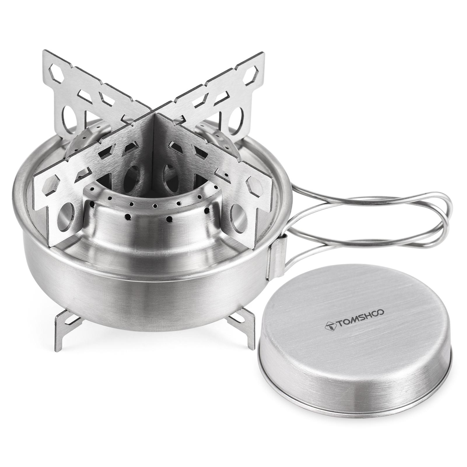 TOMSHOO Camping Alcohol Stove with Cross Stand and Lid Portable Outdoor Stainless Steel Alcohol Stove with Foldable Handles for Camping Hiking Backpacking Picnic Survival