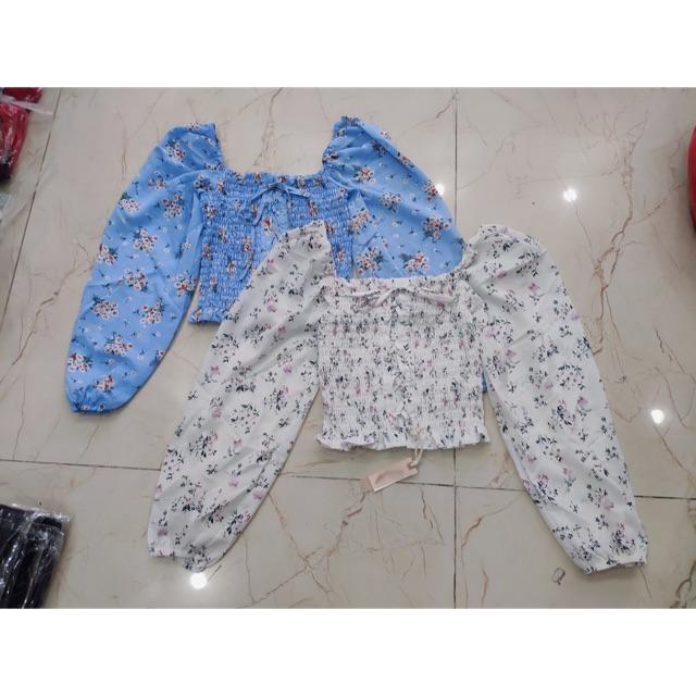 Áo hoa nhún Đan dây cổ U