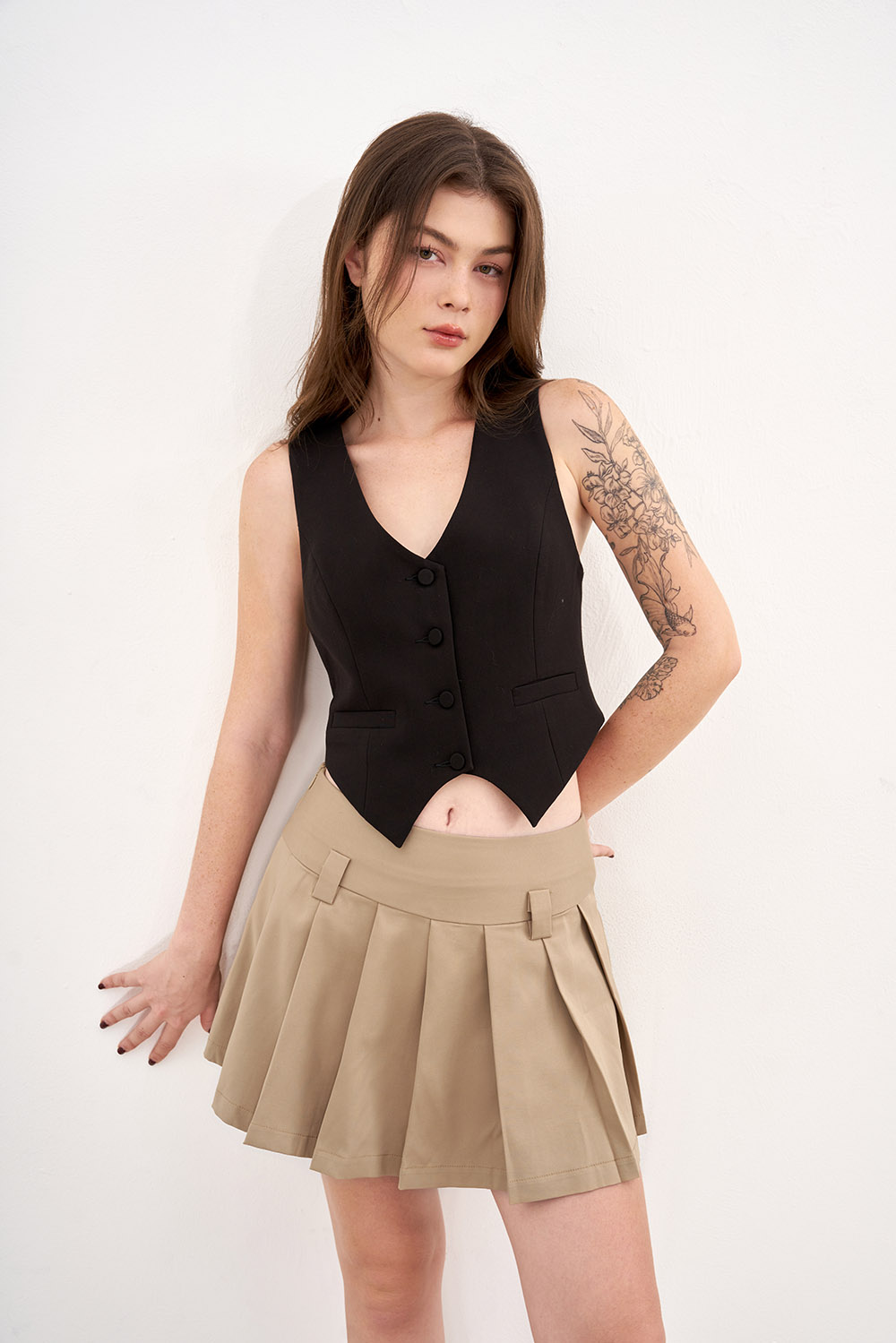 DOTTIE - Chân váy ngắn dập ly - Nâu - S0176