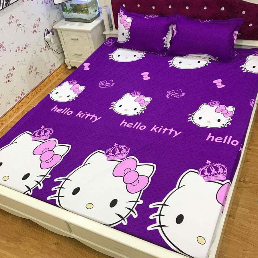 Set 3 món ga gối Poly cotton Kitty tím  PL2 + Tặng 1 vỏ gối ôm