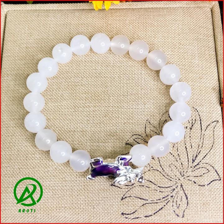 Vòng Tay Phong Thủy Mệnh Kim-Thủy - Vòng Tay Mã Não Trắng 8mm Mix Long Quy Bạc Đổi Màu Độc Lạ V377-8
