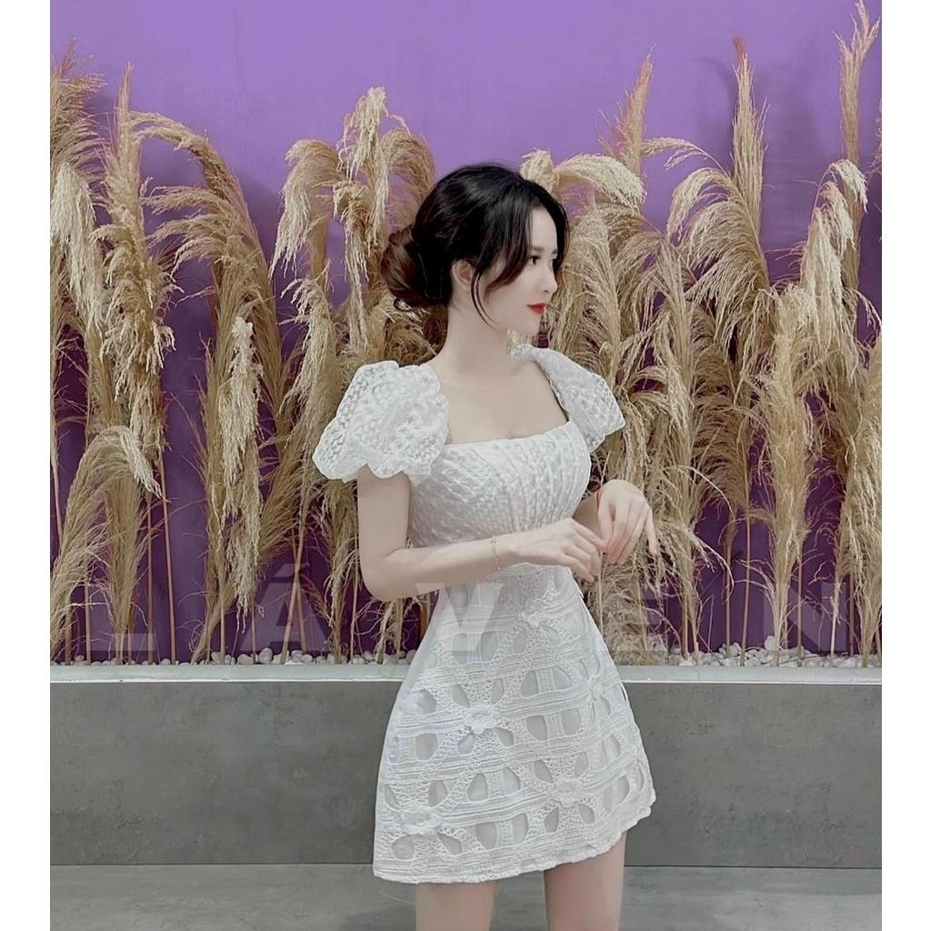 Đầm xoè cổ vuông thêu hoa tay phồng cao cấp