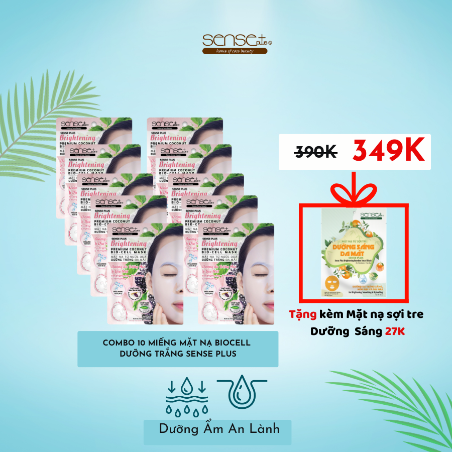 COMBO 10 MẶT NẠ BIO-CELL DƯỠNG TRẮNG SENSE PLUS + TẶNG MẶT NẠ SỢI TRE DƯỠNG SÁNG