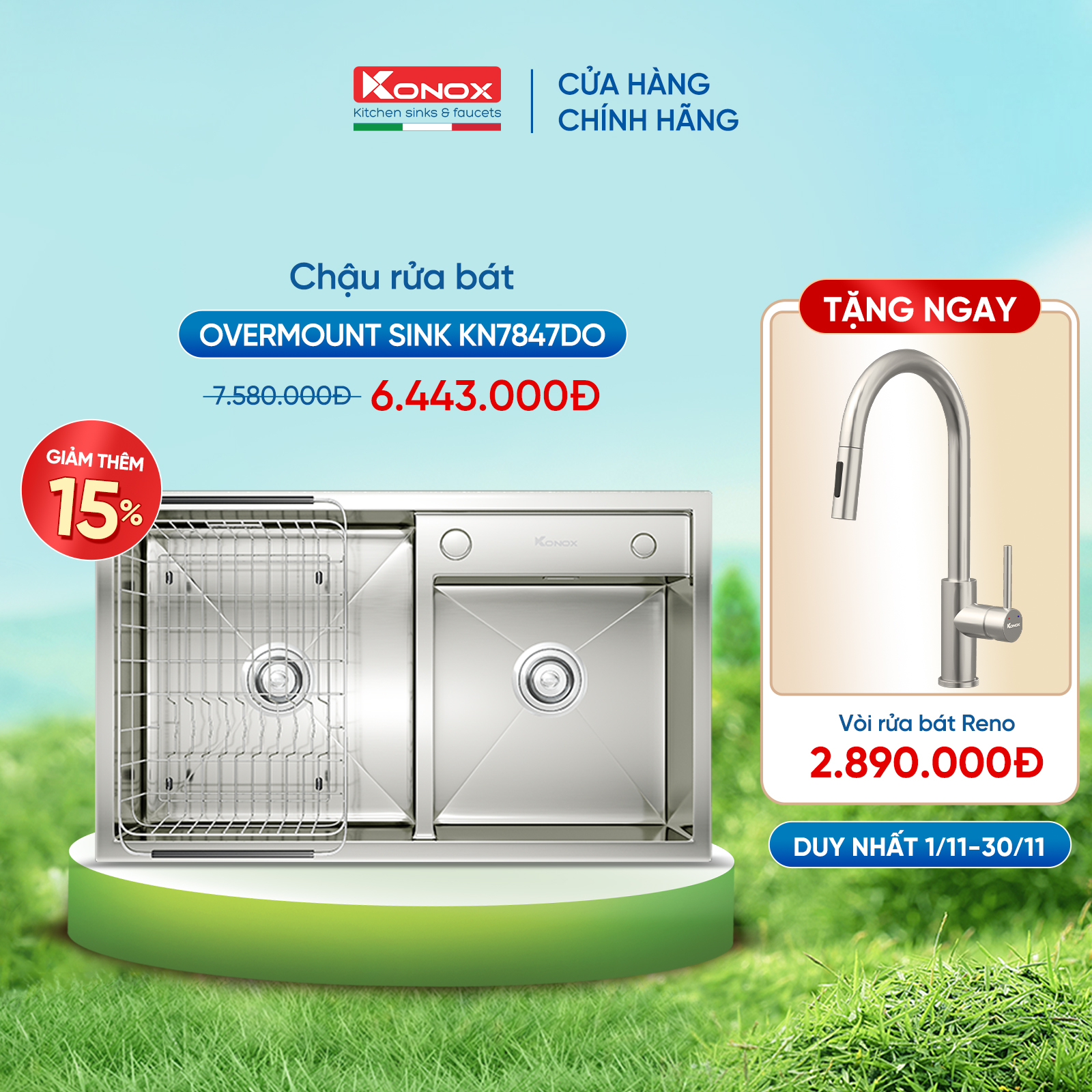 Chậu rửa bát Konox, Overmount Series, Model KN7847DO , Inox 304AISI tiêu chuẩn châu Âu, 780x470x228(mm), Hàng chính hãng