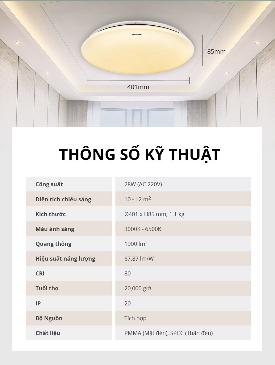 Đèn trần ánh sao Starry Panasonic HHXZ301788 28W cho phòng ngủ hiệu ứng ánh sáng lấp lánh, chế độ ngủ, thư giãn, hẹn giờ