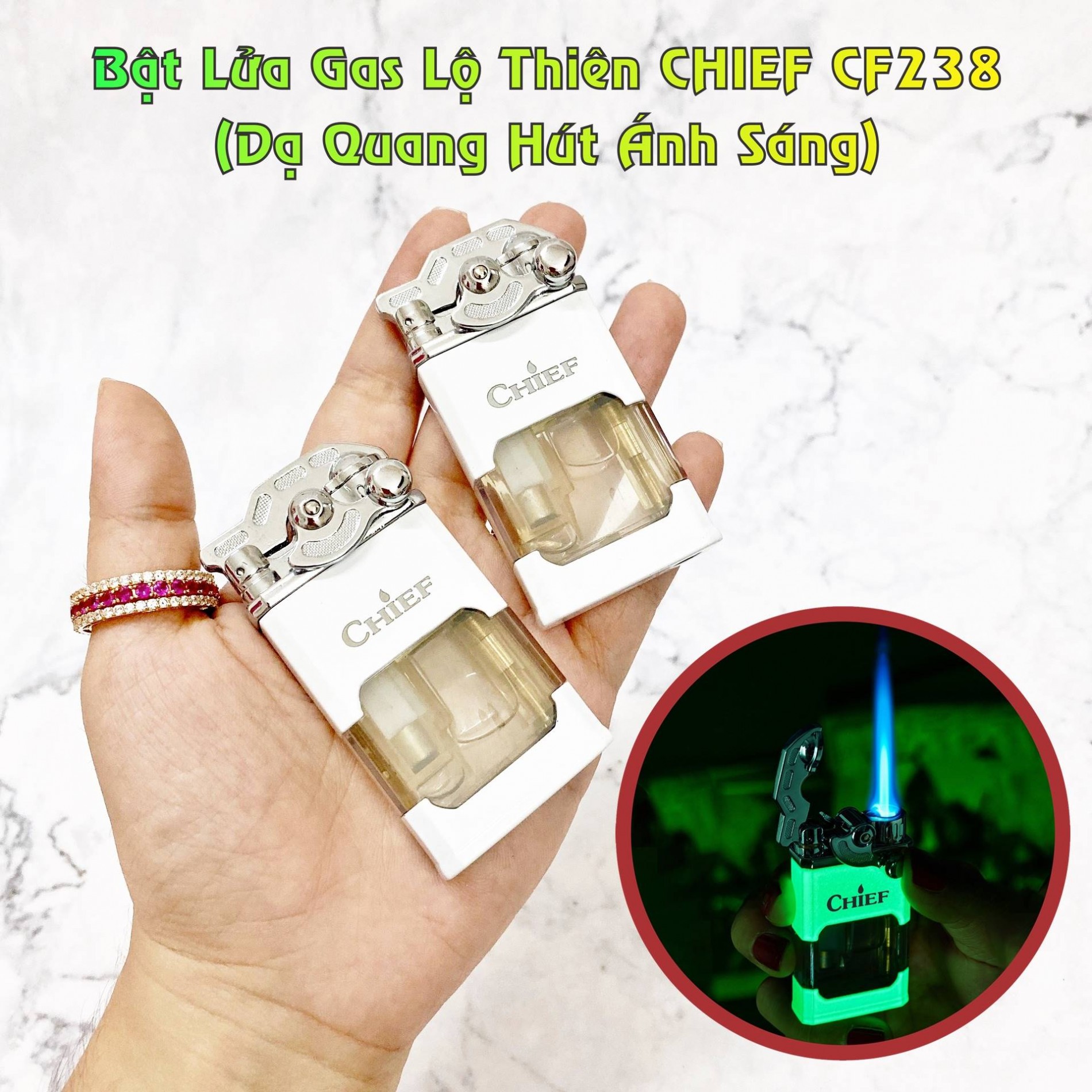 Hộp quẹt bật lửa khè gas lộ thiên Chief búng tay đánh lửa CF238 (dạ quang hút ánh sáng) - (xài gas)