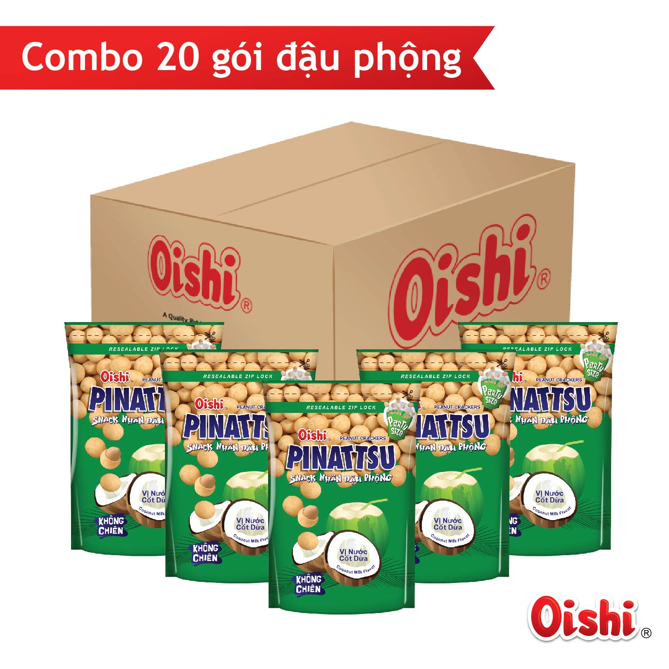 Combo 20 gói Oishi Snack Nhân Đậu Phộng Vị Nước Cốt Dừa Pinattsu (95g/gói)