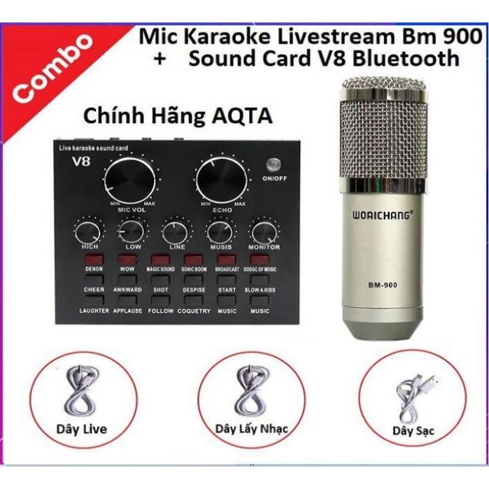 Combo Soundcard V8 + Mic Karaoke Livetream BM 900, Có AutoTune Chuẩn Phòng Thu