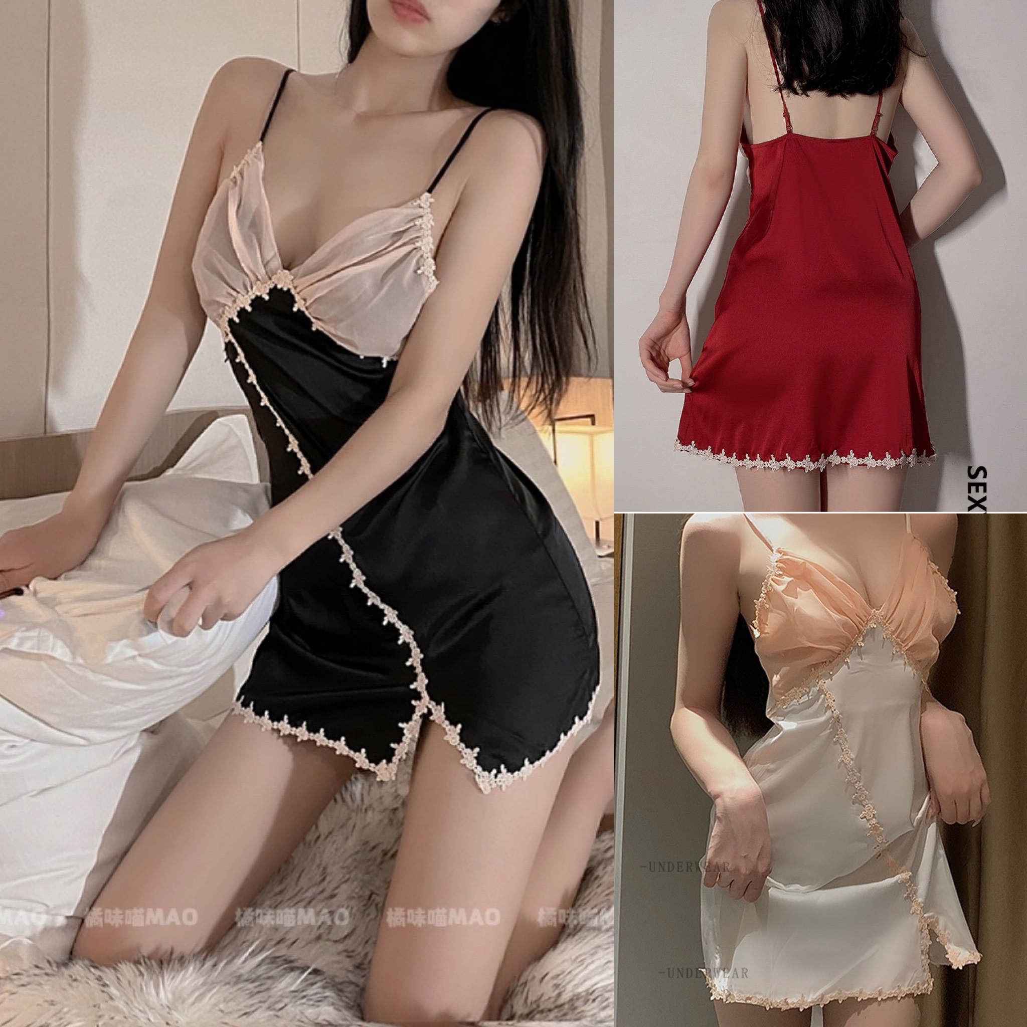 Váy ngủ lụa Satin 2 dây ngực dúm xẻ đùi ren chéo