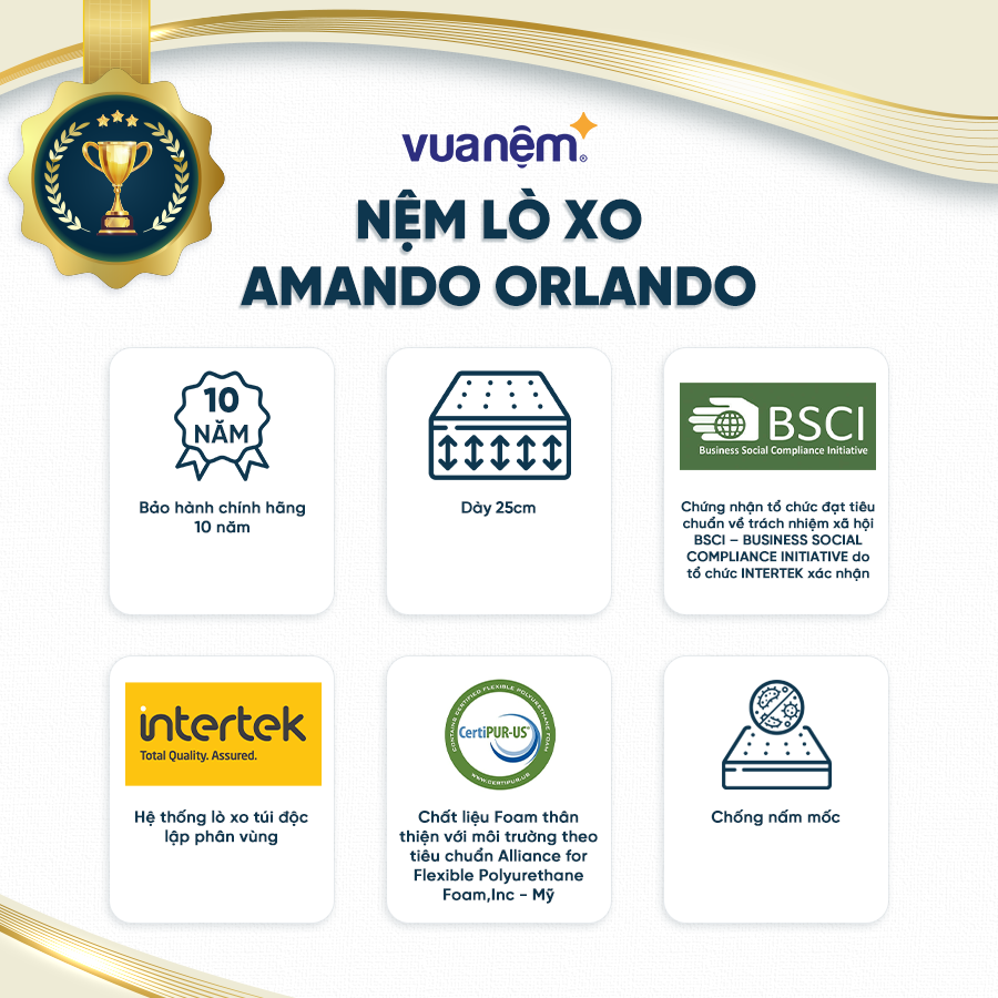 Nệm lò xo túi độc lập cao cấp Amando Orlando êm ái đàn hồi cao, giúp nâng đỡ cơ thể cho giấc ngủ trọn vẹn