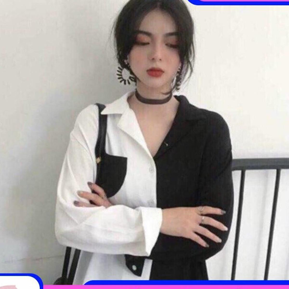 Áo sơmi phối 2 màu Trắng Đen