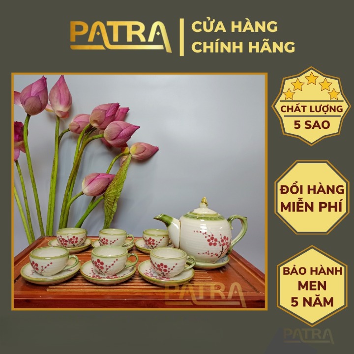 Bộ ấm chén uống trà cao cấp , bộ ấm trà Bát Tràng men rong vẻ tay cành đào 001