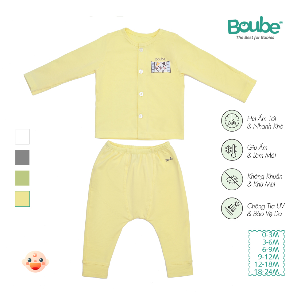 Bộ quần áo dài tay cúc thẳng cho em bé sơ sinh và trẻ nhỏ nhiều màu sắc Boube, Vải cotton organic thoáng mát- Size 0-24M