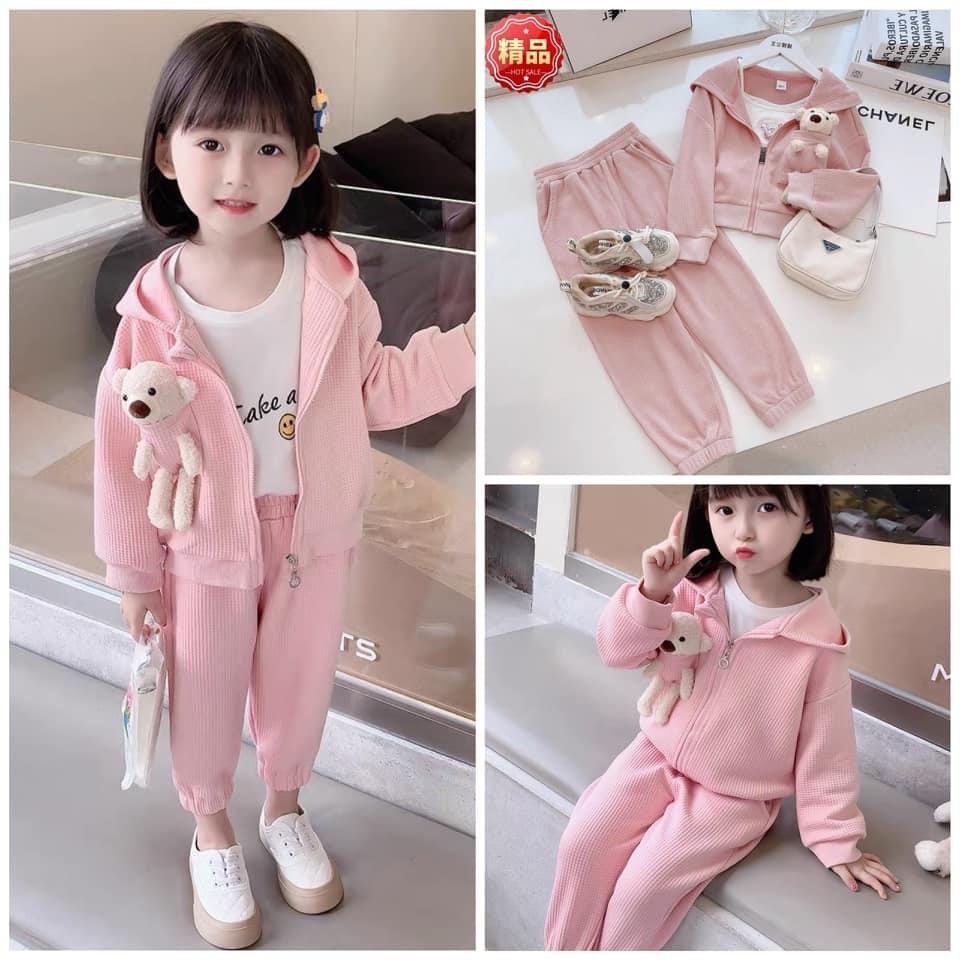 BỘ HỒNG DỆT KHÓA MŨ KÈM GẤU CHO BÉ GÁI