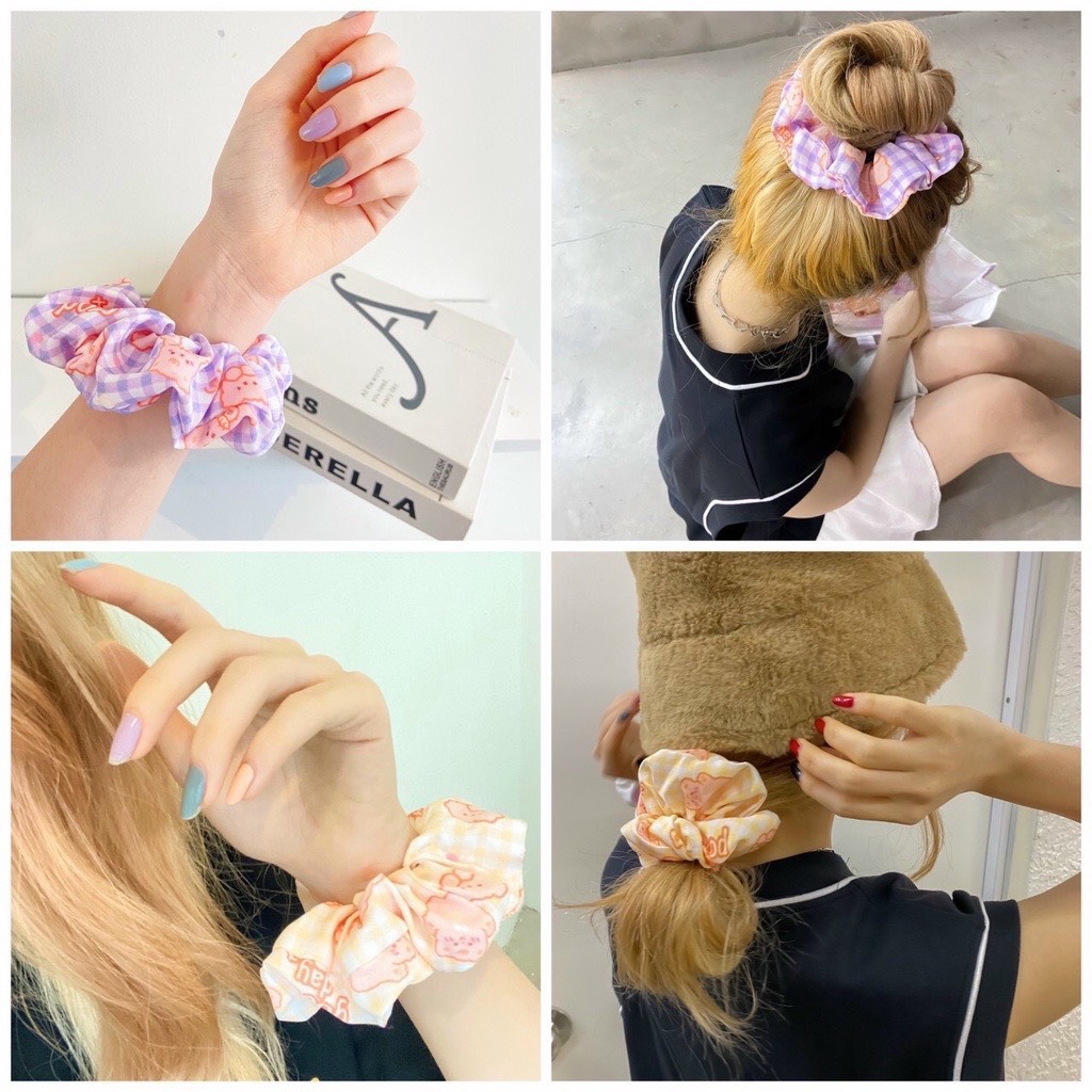 Buộc tóc scrunchies lụa Hàn Quốc họa tiết hoa đáng yêu