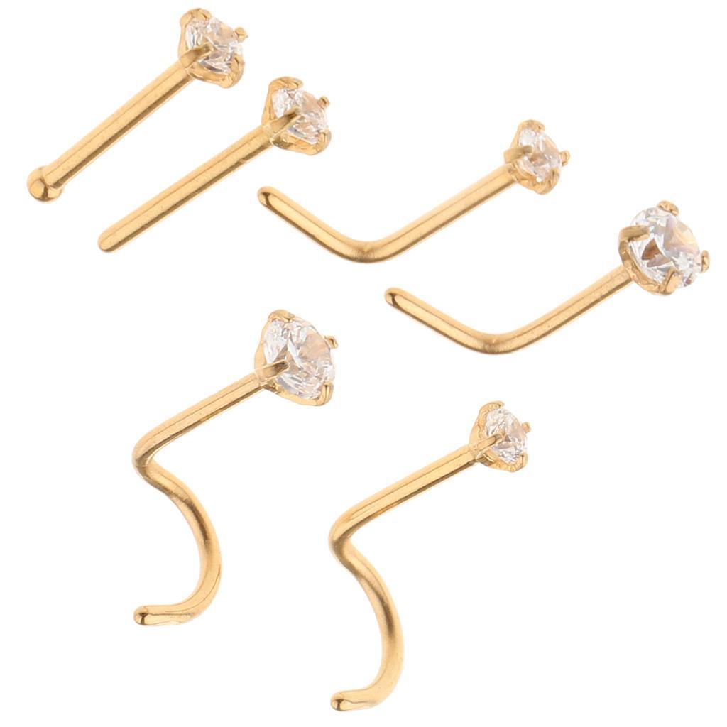 2x6 Pieces Stainless Steel Zircon Crystal Screw Curved Nose Piercing Gold