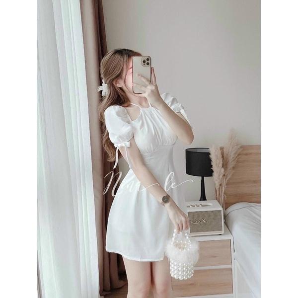 Đầm xoè cổ yếm tay phồng cột nơ dịu dàng nữ tính