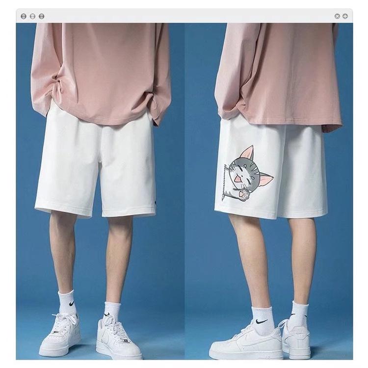 Quần Short Thể Thao Bằng Lụa Lạnh In Hình Mèo Hoạt Hình Dễ Thương Thoáng Khí Nhanh Khô 3 Màu Đen Trắng Xám - white,4XL