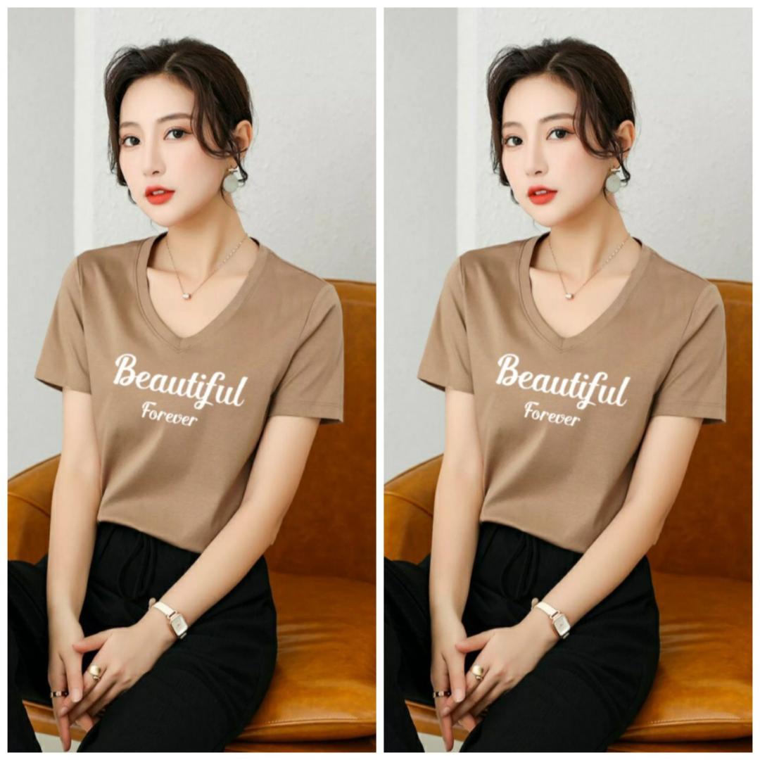 Áo thun nữ cổ tim form rộng MXM in chữ Beautiful thun cotton 4 chiều từ 45-60kg