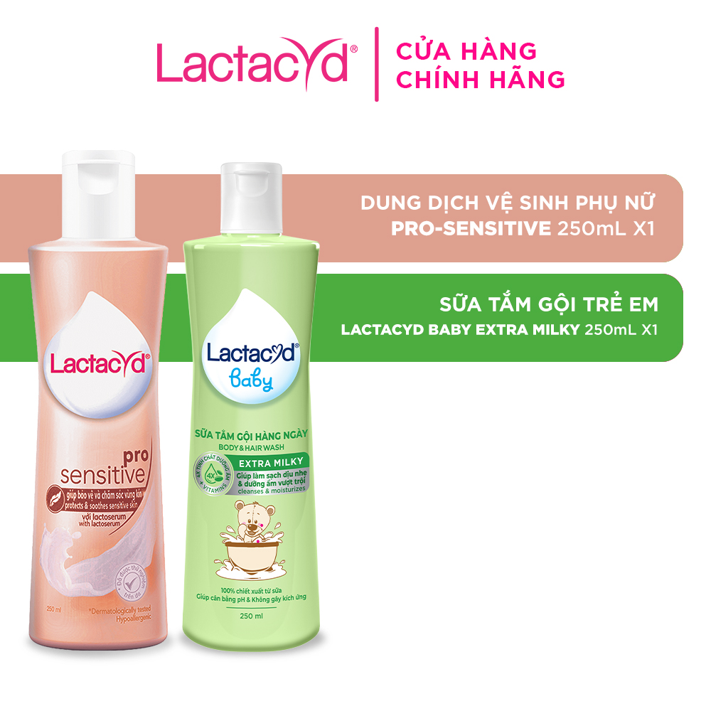 Bộ Dung Dịch Vệ Sinh Phụ Nữ Lactacyd Pro Sensitive Cho Da Nhạy Cảm 250ml + Sữa Tắm Gội Trẻ em Lactacyd Baby Extra Milky 250ml