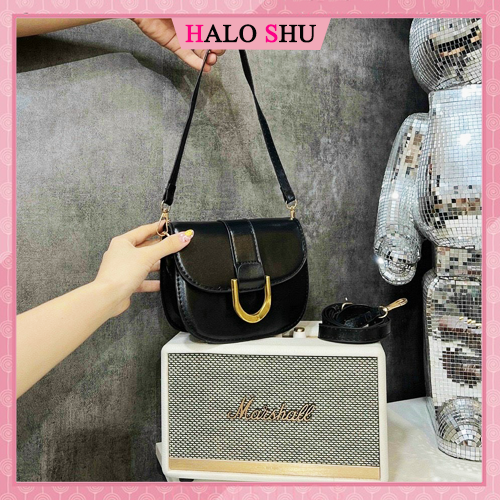 Túi xách nữ, túi đeo chéo dáng bầu da trơn móc hình móng ngựa phù hợp đi chơi Halo Shu size 18 mã MN001 đen, nâu, trắng