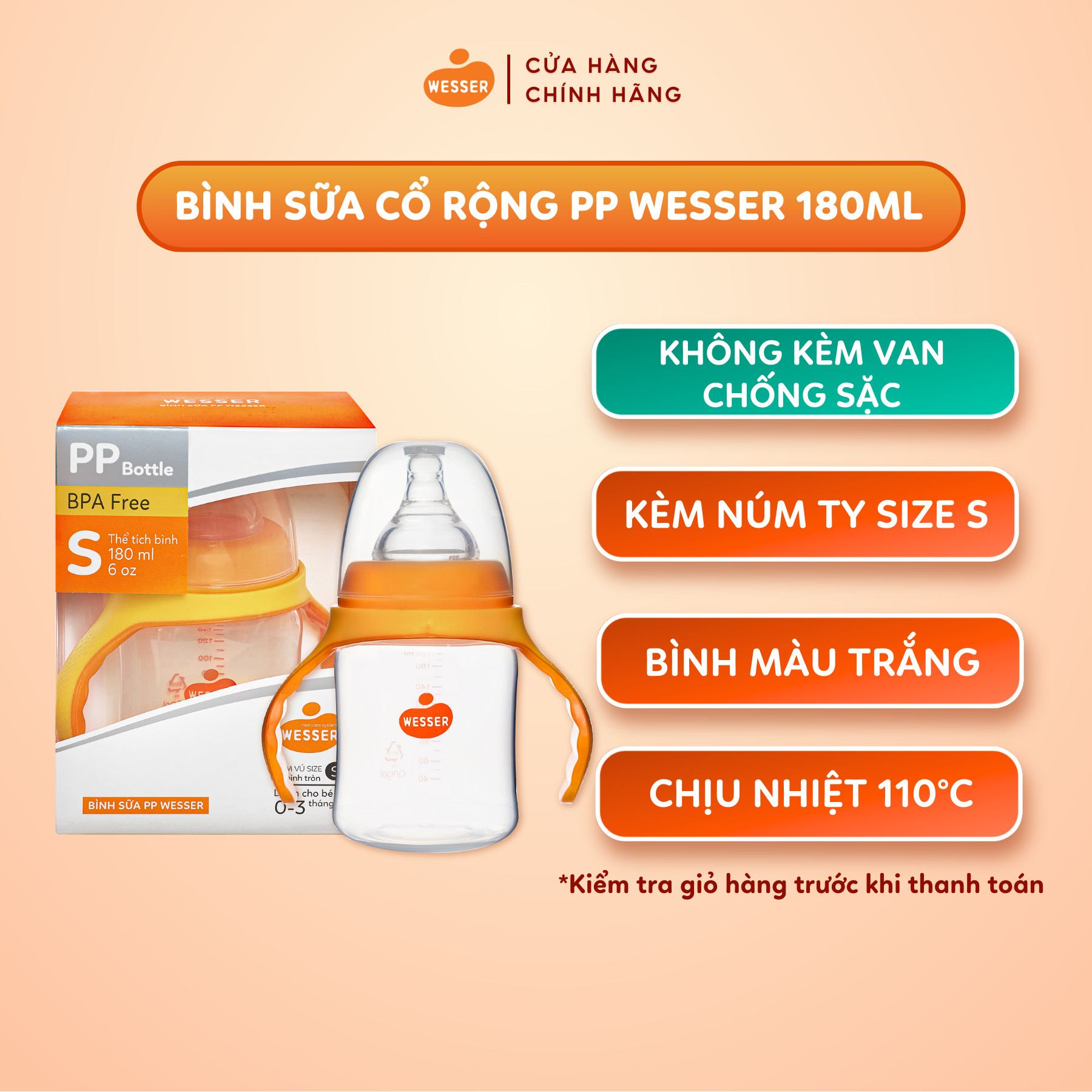 Bình sữa cổ rộng PP Wesser 180ml/260ml
