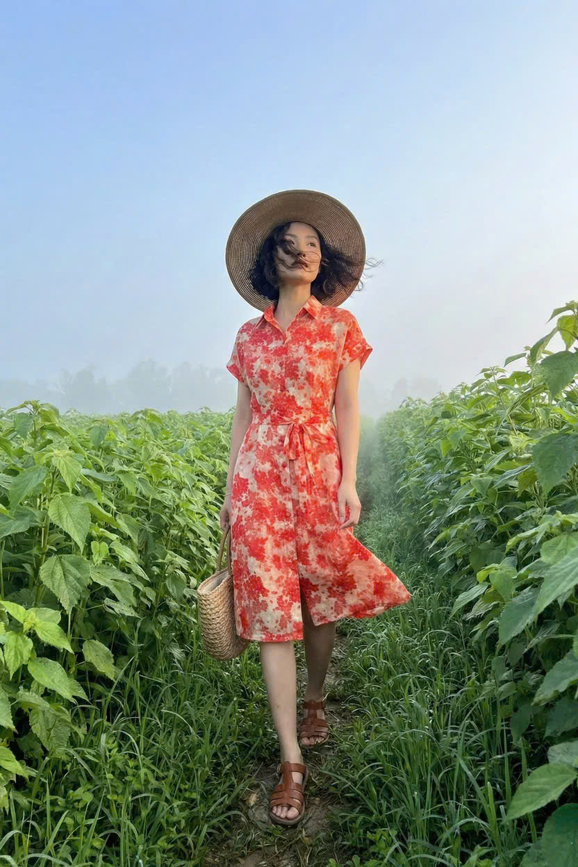 Đầm Sơ Mi Ramie Hoa Đỏ Thanh Minh Dre232 Thời trang Hity