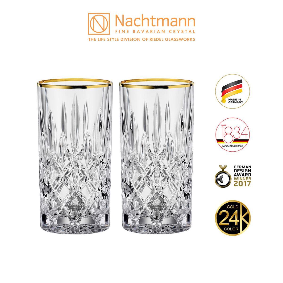 Bộ 2 ly pha lê cao Nachtmann Noblesse viền màu vàng-Hàng chính hãng