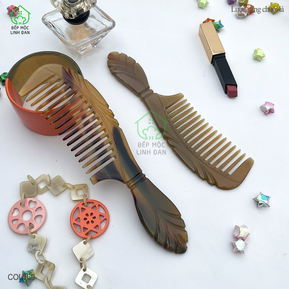 Lược Sừng Răng Thưa Chuôi Lá (Size: XL-20cm) Đường Nét Uốn Lượn [COL169]