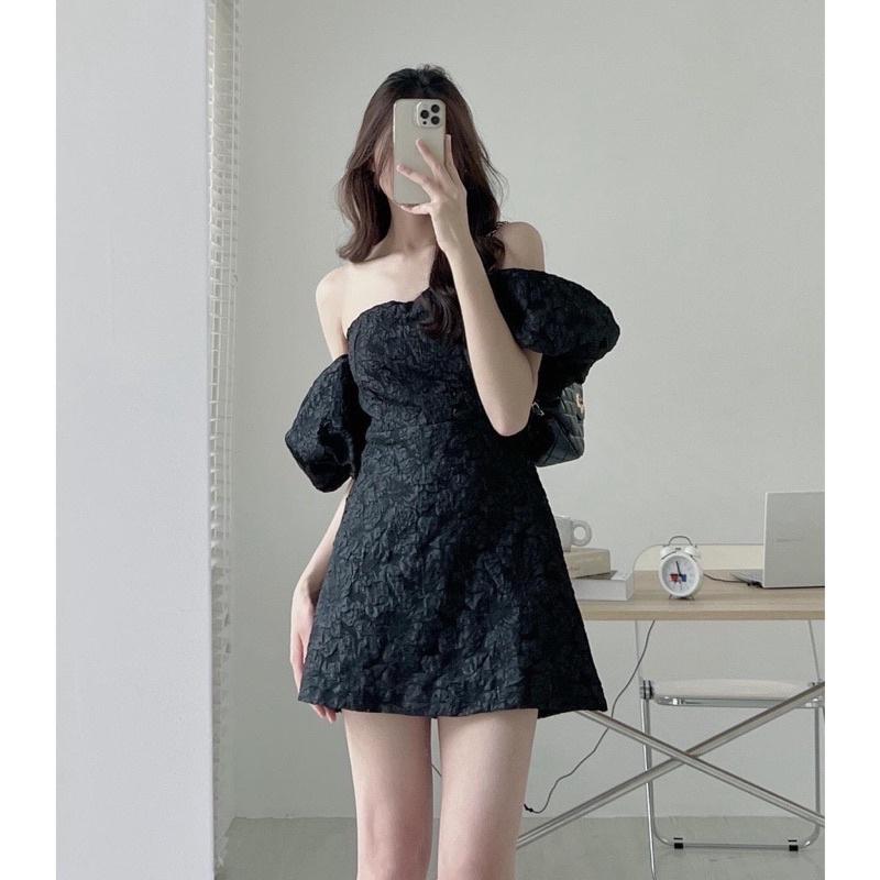 Váy Trễ Vai Xốp Phồng Quảng Châu 2 Màu Đen Trắng, Đầm Dự Tiệc Tiểu Thư Xinh Xắn