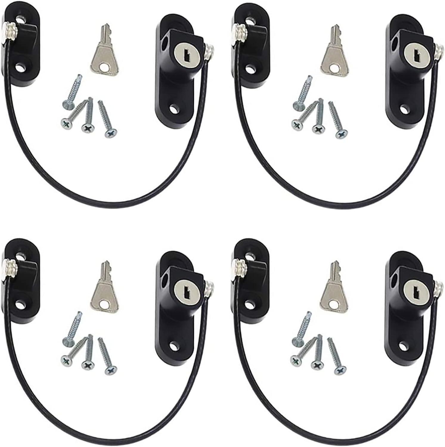 Khóa an toàn cửa sổ 4 CÁI, Khóa cửa an toàn cửa sổ có chìa khóa cho trẻ nhỏ, Khóa cáp chống trộm Cửa trượt Bộ hạn chế cửa sổ bằng thép không gỉ có vít màu đen