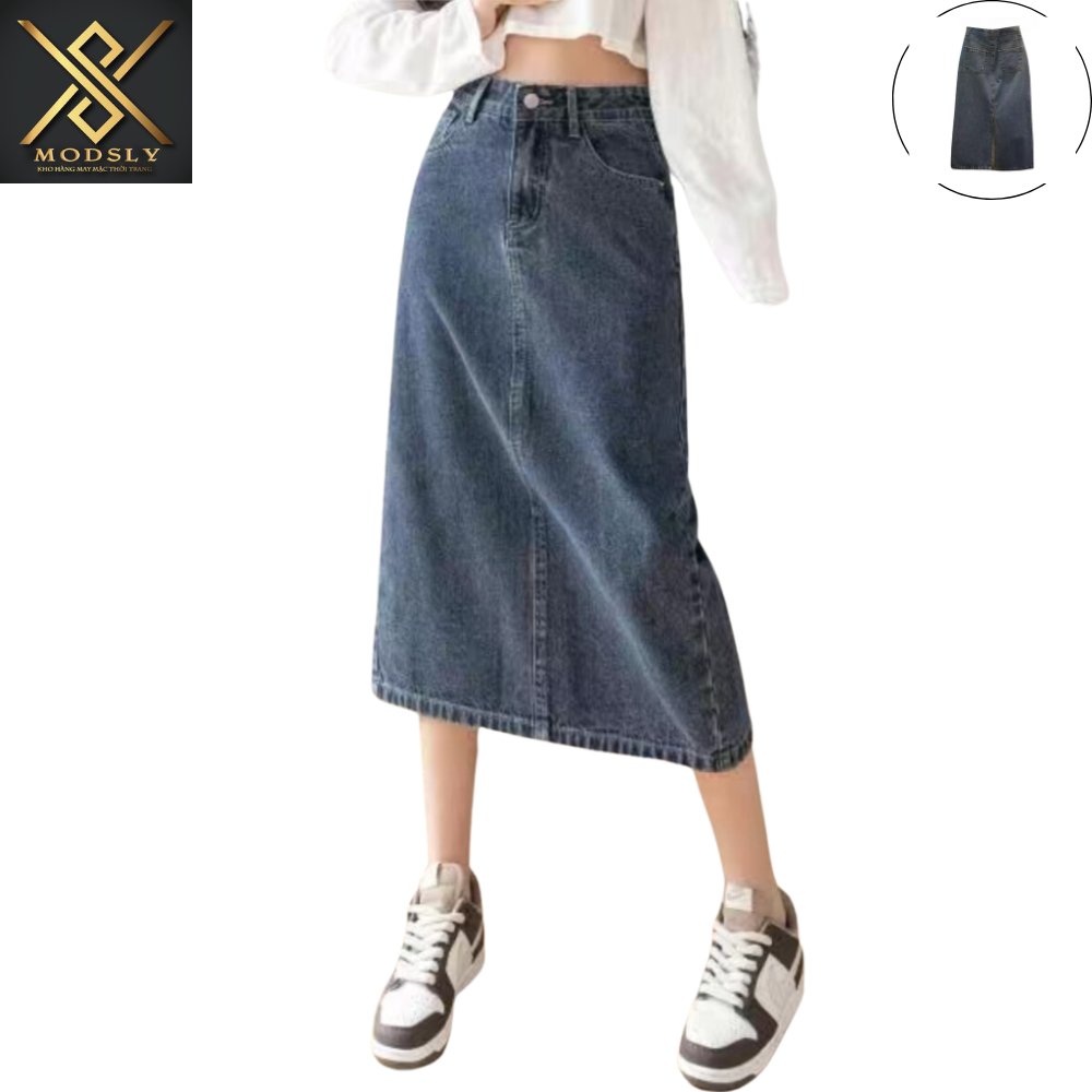 Chân Váy Jean Dáng Dài MODSLY Lưng Cao Xẻ Sau Rất Thoải Mái JA007