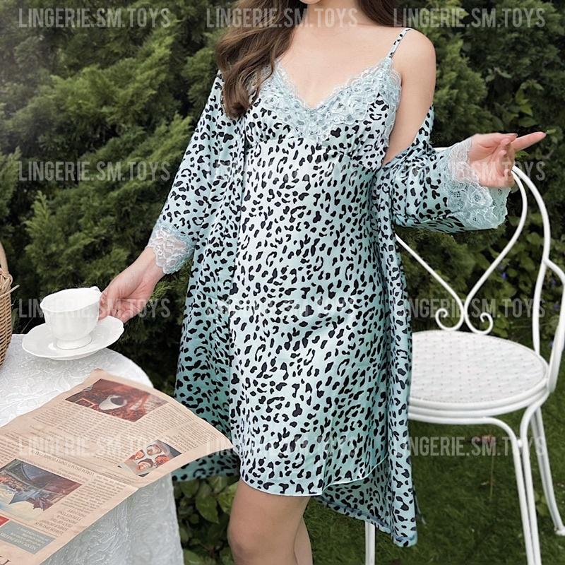 QR1162 Váy Ngủ + Choàng Hoạ Tiết Beo - Đầm Satin Cao Cấp Gợi Cảm - Sexy Sleepwear @lingerie.sm.toys