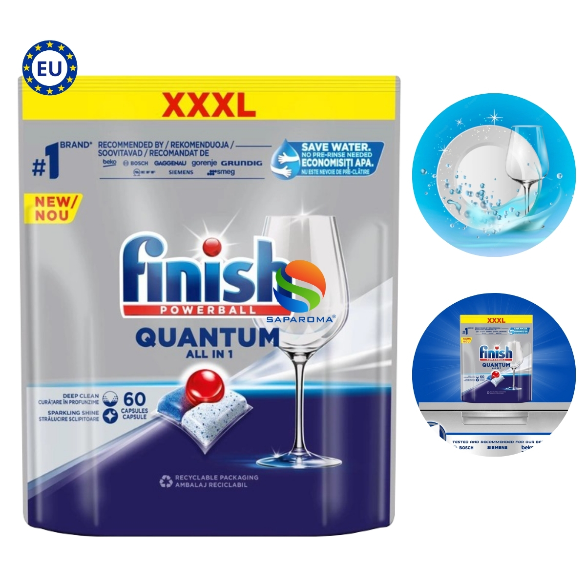 Viên rửa bát Finish Quantum All in 1, tích hợp muối, bóng, 12 tính năng cao cấp - Túi 60 viên