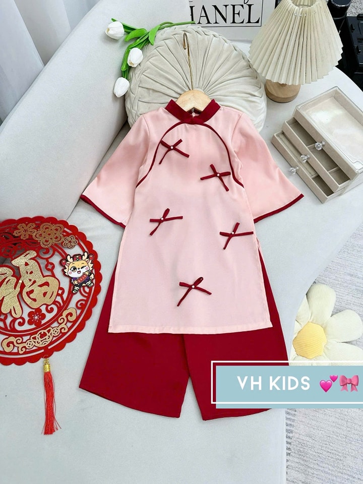 Bộ áo dài tết cho bé gái mẫu như ý xinh xắn diện năm mới từ 12-40kg hàng thiết kế cao cấp