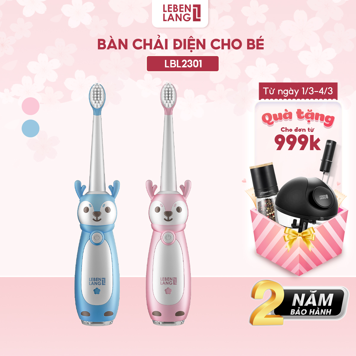 Bàn chải điện thông minh cho bé Lebenlang LBL3021, thiết kế đáng yêu cho bé, chống thấm nước IPX7, 3 chế độ, bảo hành 2 năm - hàng chính hãng