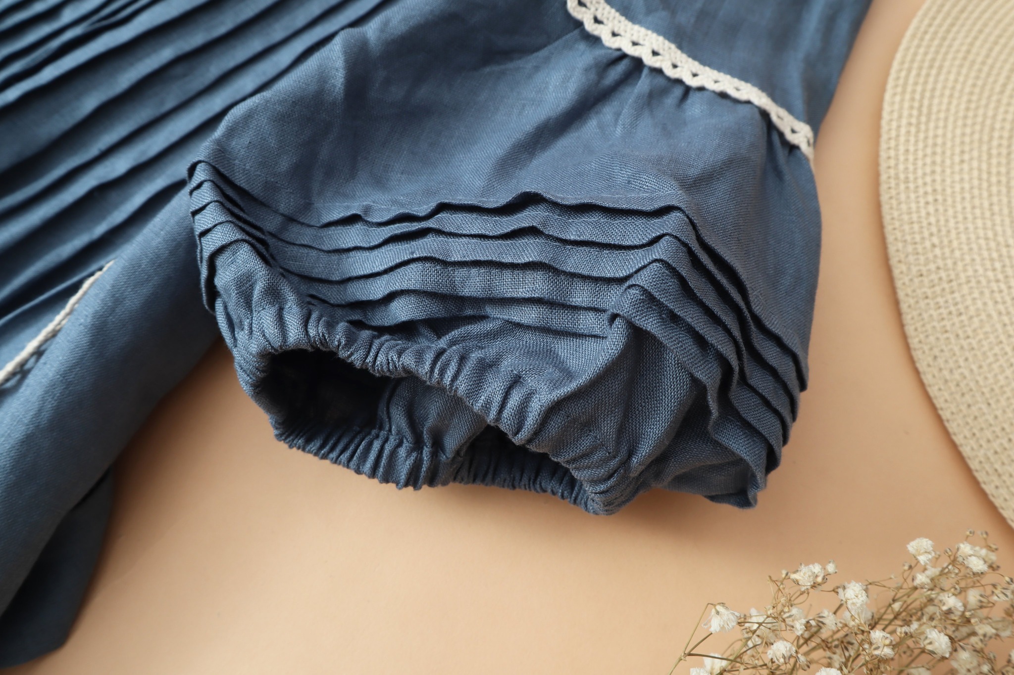 Đầm Linen tưng KACHISA xếp li màu xanh đá