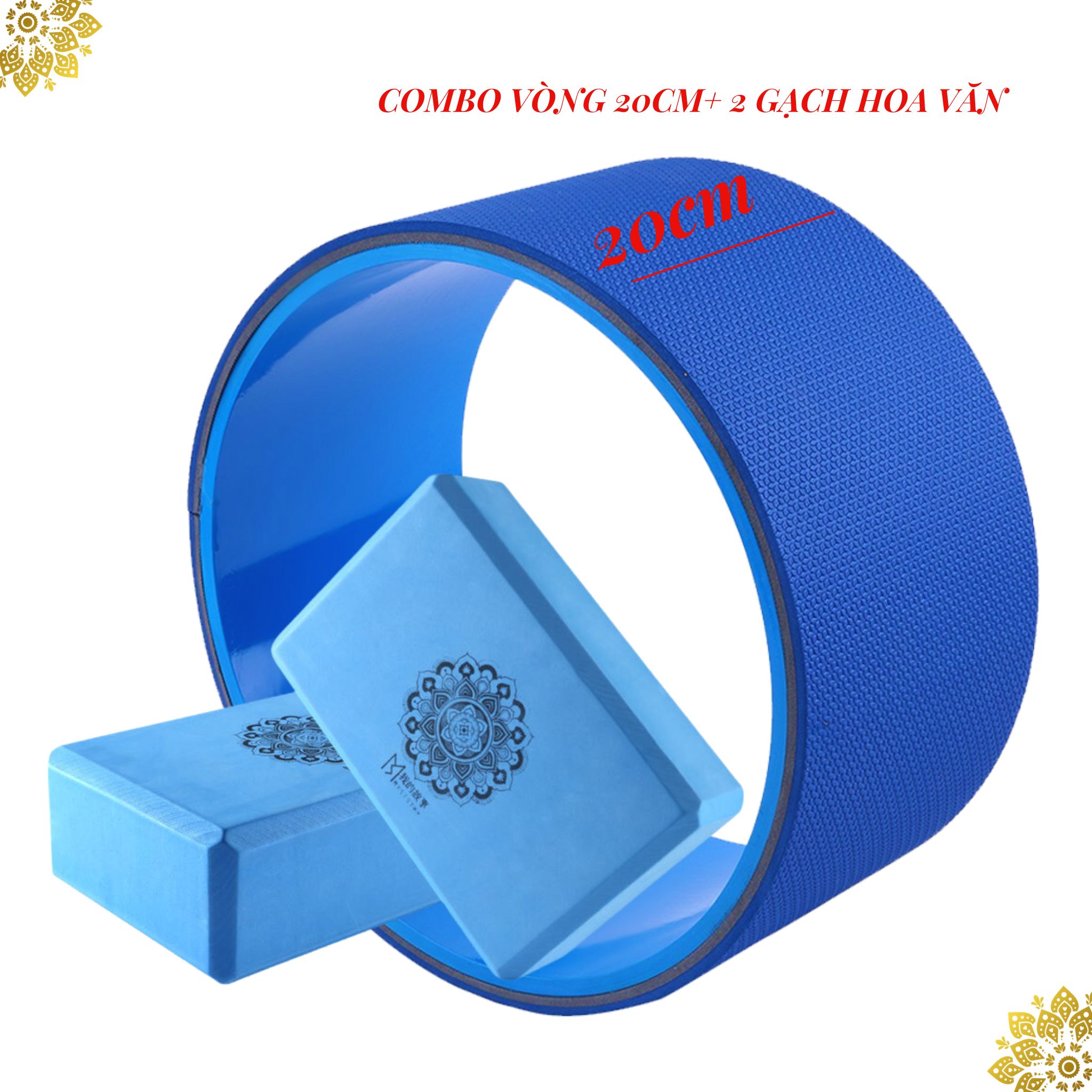Combo 3 sảm phẩm tập Yoga hiệu quả tại nhà : 1 Vòng tập Yoga có gai masage 34x34x20cm chuyên dụng + 2 Gạch tập Yoga in hoa văn 240gr