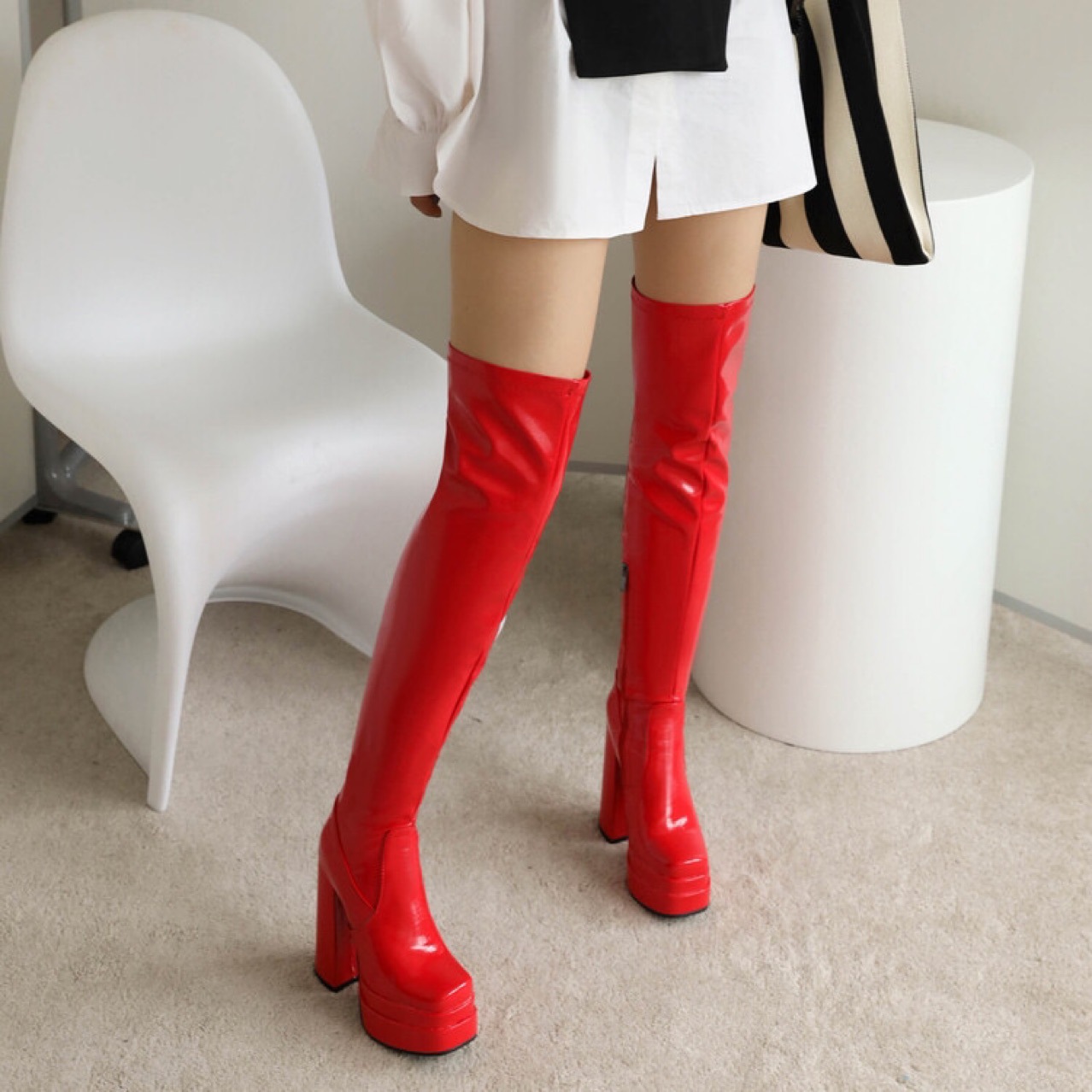 Giày boot đùi nữ gót trụ cao 14cm DA BÓNG , ĐẾ KÉP, CHẮC CHẮN, ÔM CHÂN 3 màu đen, đỏ, trắng GCC131