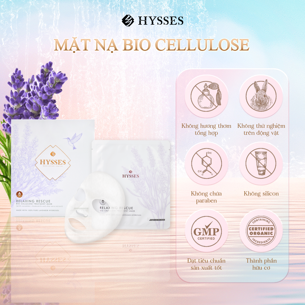 Mặt Nạ Sinh Học Cao Cấp Hysses Bio Cellulose Relaxing Giảm Tình Trạng Kích Ứng, Mẩn Đỏ, Se Nhỏ Lỗ Chân Lông, Mờ Nếp Nhăn, Cấp Ẩm Tức Thì Với Tinh Dầu Oải Hương Hữu Cơ Tự Nhiên