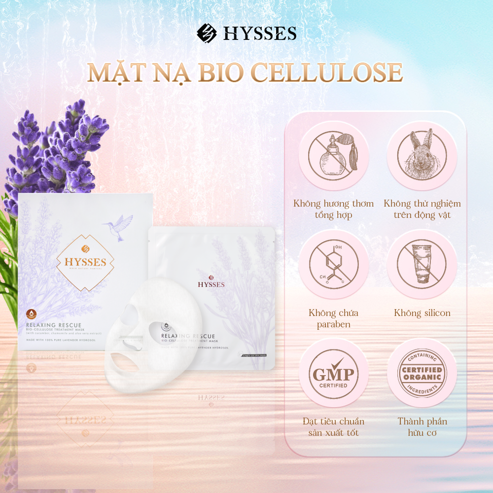 Mặt Nạ Sinh Học Cao Cấp Hysses Bio Cellulose Relaxing Giảm Tình Trạng Kích Ứng, Mẩn Đỏ, Se Nhỏ Lỗ Chân Lông, Mờ Nếp Nhăn, Cấp Ẩm Tức Thì Với Tinh Dầu Oải Hương Hữu Cơ Tự Nhiên (Hộp 4 Miếng)