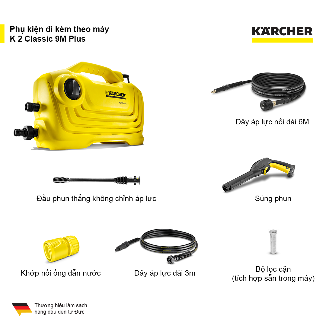 Máy xịt rửa xe 1400W KARCHER K2 CLASSIC 9M Plus, máy rửa xe cao áp 110Bar kèm dây xịt 9m và phụ kiện - Karcher chính hãng