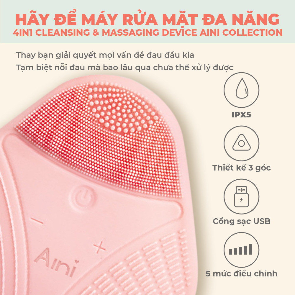 [BH 1 NĂM] Máy rửa mặt đa năng 4in1 Cleansing &amp; Massaging Device AINI COLLECTION - Hàng chính hãng AINI14