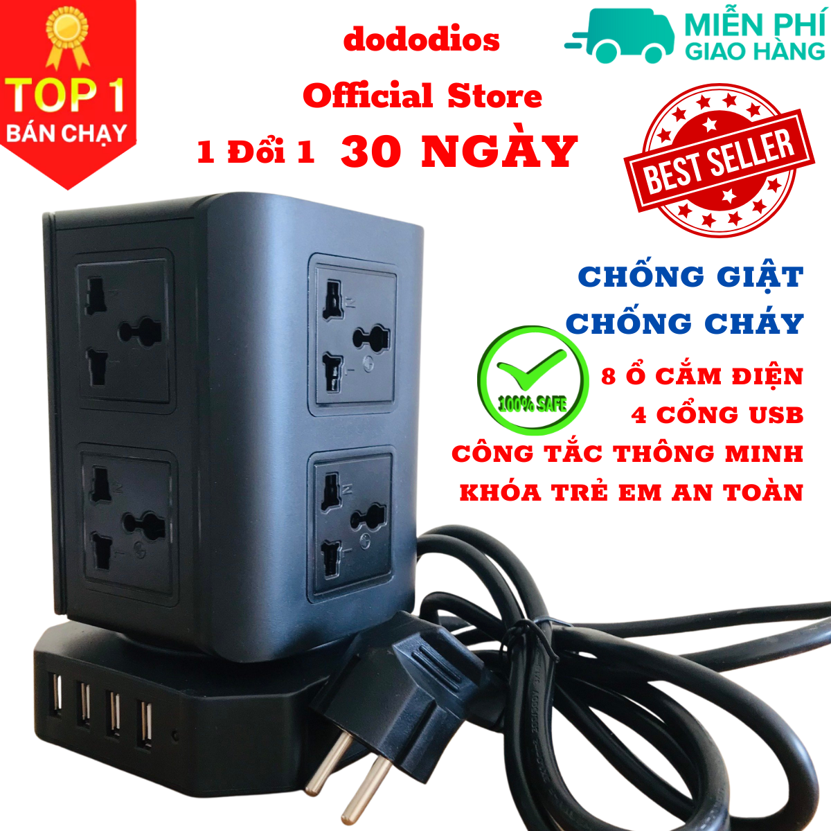 Ổ Cắm Điện Đa Năng dododios Hình Tháp Nhiều Tầng T8/ T12 Chịu Tải 2500W, An Toàn Chống Cháy Chống Giật, Dây Dài 2m - Hàng Chính Hãng