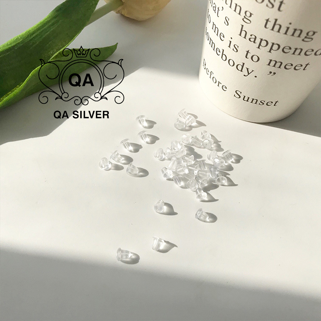 Chốt khuyên tai nhựa tròn trong suốt đế bông silicon cao su Bullet Earring Backs QA SILVER AC200604