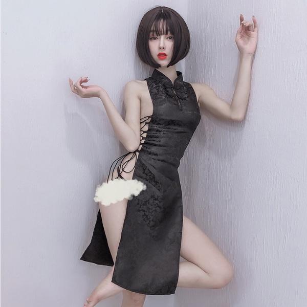 Sườn xám sexxy đan dây hông gợi cảm cosplay sườn xám Trung Quốc gấm đen trắng sexy đáng yêu BIKI HOUSE N781 - Hỏa Tốc